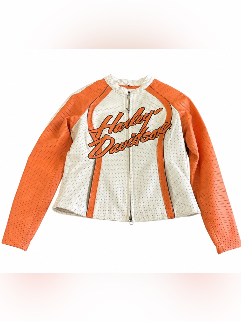 Harley-Davidson Orange White Perforated Leather Moto Jacket Size S